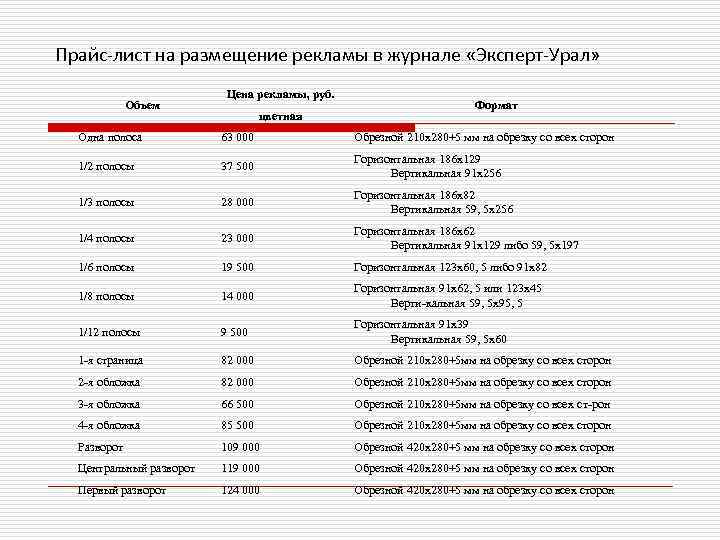 Прайс-лист на размещение рекламы в журнале «Эксперт-Урал» Объем Цена рекламы, руб. цветная Формат Одна