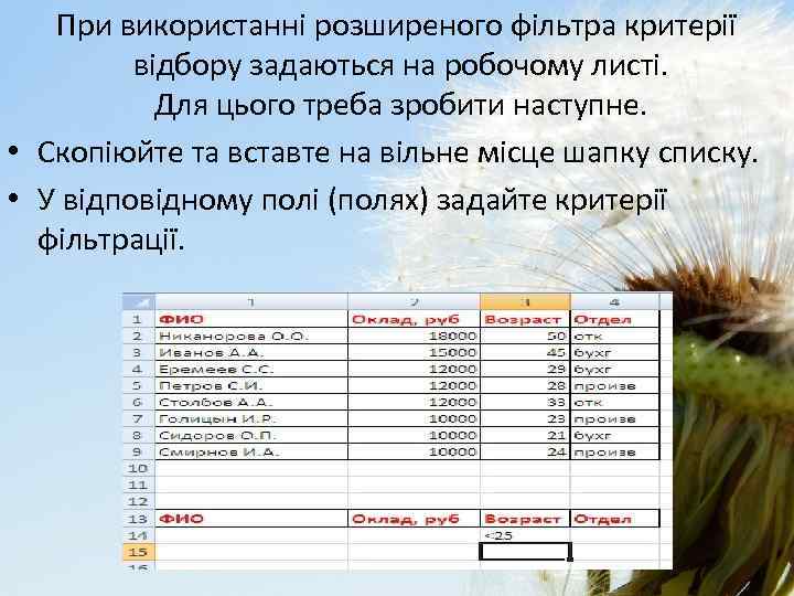 При використанні розширеного фільтра критерії відбору задаються на робочому листі. Для цього треба зробити