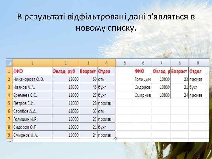 В результаті відфільтровані дані з'являться в новому списку. 
