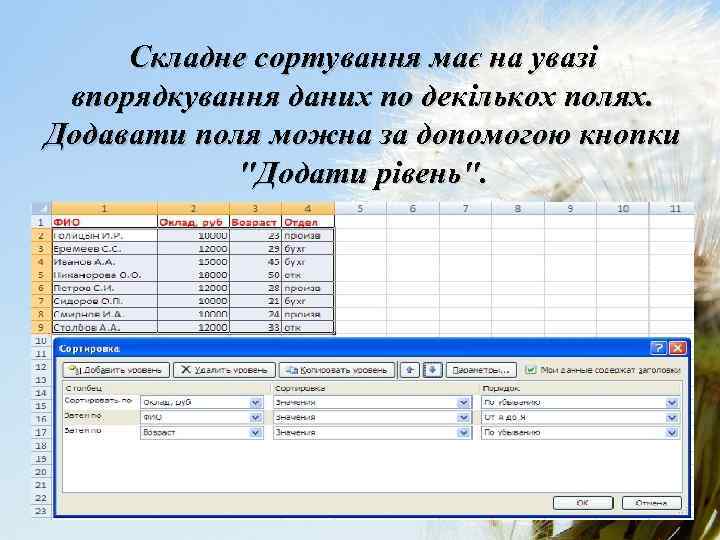 Складне сортування має на увазі впорядкування даних по декількох полях. Додавати поля можна за