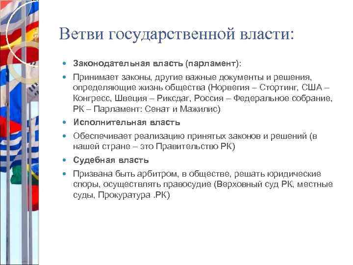 Ветви государственной власти: Законодательная власть (парламент): Принимает законы, другие важные документы и решения, определяющие