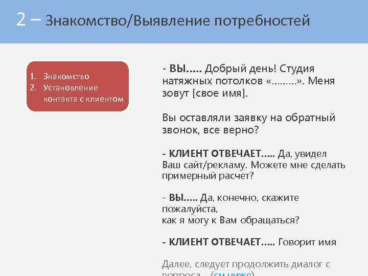 2 – Знакомство/Выявление потребностей 1. Знакомство 2. Установление контакта с клиентом - ВЫ…. .