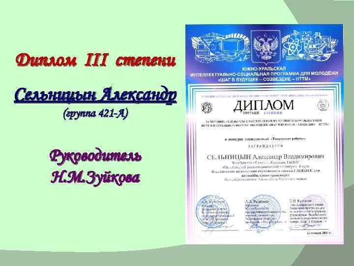 Диплом III степени Сельницын Александр (группа 421 -А) Руководитель Н. М. Зуйкова 