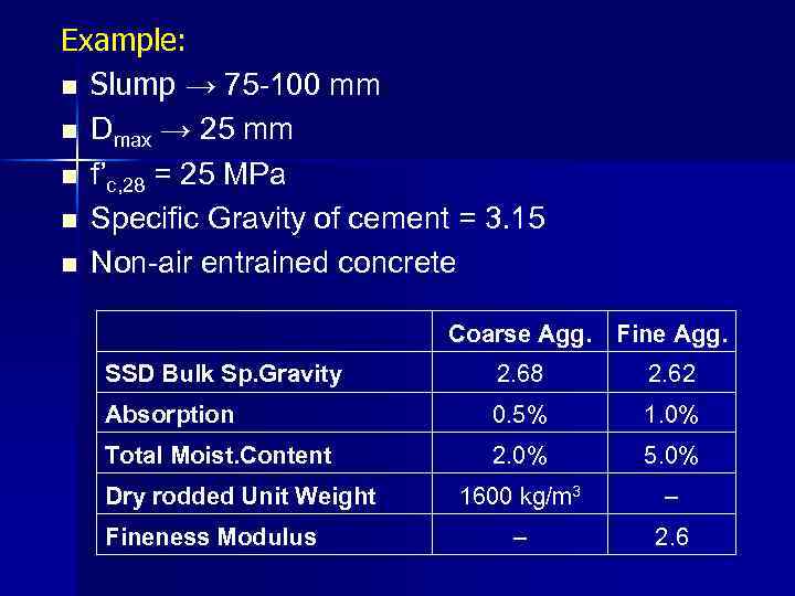 Example: n Slump → 75 -100 mm n Dmax → 25 mm n f’c,