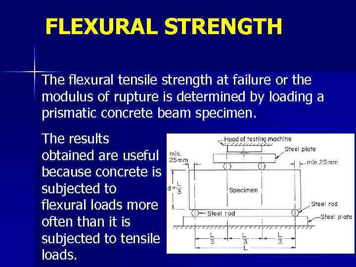 FLEXURAL STRENGTH The flexural tensile strength at failure or the modulus of rupture is