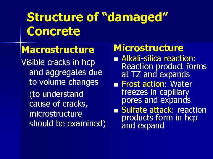 Structure of “damaged” Concrete Macrostructure Microstructure Visible cracks in hcp and aggregates due to