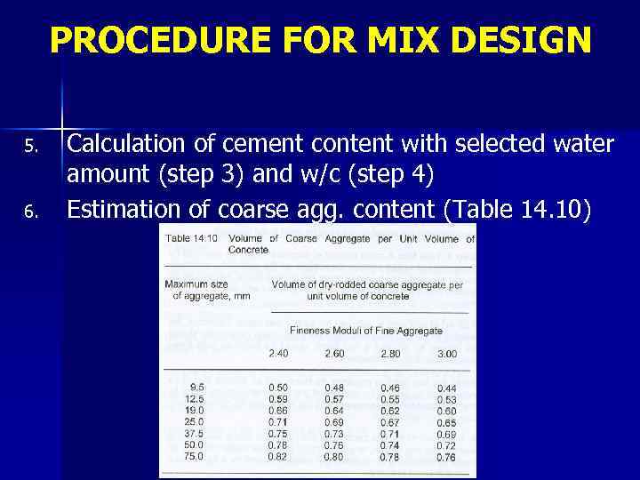 PROCEDURE FOR MIX DESIGN 5. 6. Calculation of cement content with selected water amount