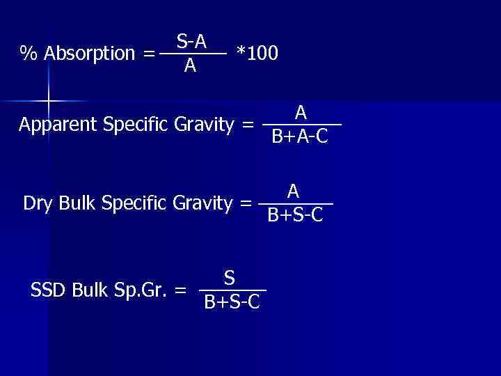 % Absorption = S-A A *100 A Apparent Specific Gravity = B+A-C A Dry