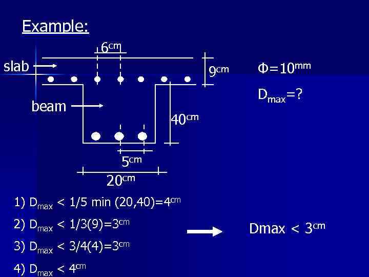 Example: 6 cm slab 9 cm Φ=10 mm Dmax=? beam 40 cm 5 cm