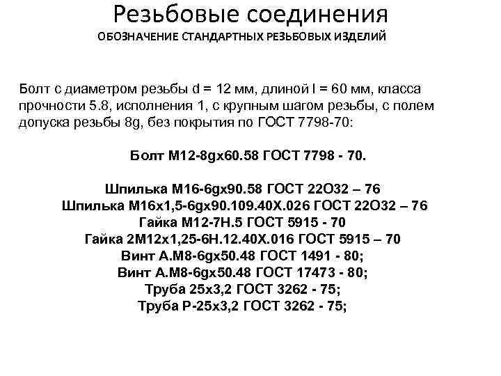 Резьбовые соединения ОБОЗHАЧЕHИЕ СТАHДАРТHЫХ РЕЗЬБОВЫХ ИЗДЕЛИЙ Болт с диаметpом pезьбы d = 12 мм,