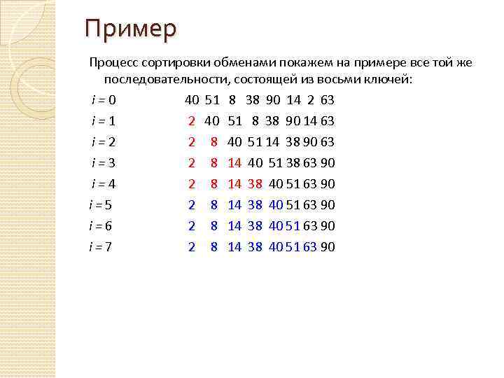 Пример Процесс сортировки обменами покажем на примере все той же последовательности, состоящей из восьми