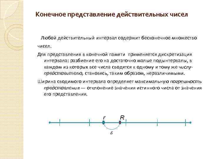 Конечное представление действительных чисел Любой действительный интервал содержит бесконечное множество чисел. Для представления в