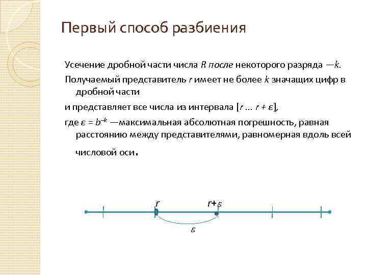 Первый способ разбиения Усечение дробной части числа R после некоторого разряда —k. Получаемый представитель