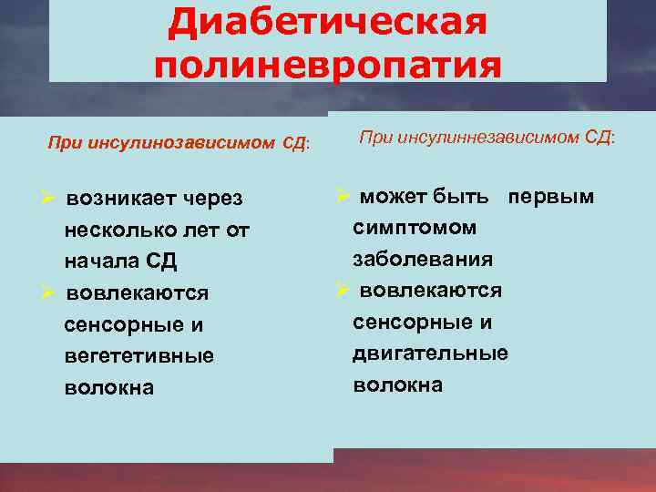 Диабетическая полиневропатия При инсулинозависимом СД: Ø возникает через несколько лет от начала СД Ø