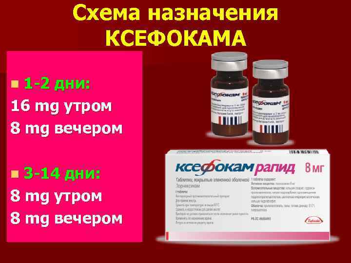 Схема назначения КСЕФОКАМА n 1 -2 дни: 16 mg утром 8 mg вечером n