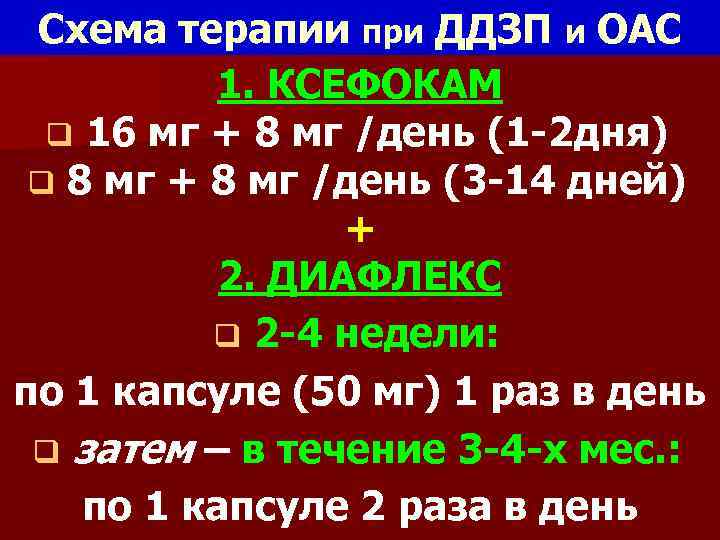 Схема терапии при ДДЗП и ОАС 1. КСЕФОКАМ q 16 мг + 8 мг