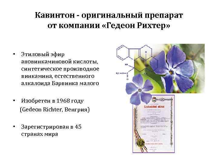 Кавинтон - оригинальный препарат от компании «Гедеон Рихтер» • Этиловый эфир аповинкаминовой кислоты, синтетическое