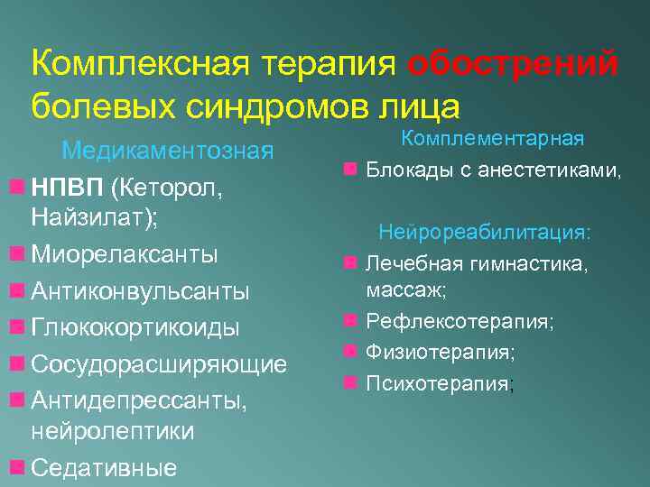 Комплексная терапия обострений болевых синдромов лица Медикаментозная НПВП (Кеторол, Найзилат); Миорелаксанты Антиконвульсанты Глюкокортикоиды Сосудорасширяющие