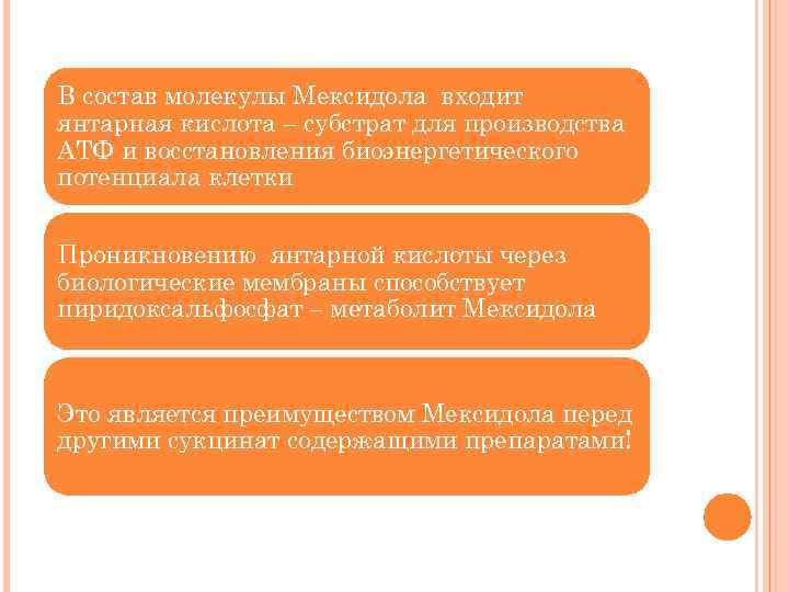 В состав молекулы Мексидола входит янтарная кислота – субстрат для производства АТФ и восстановления