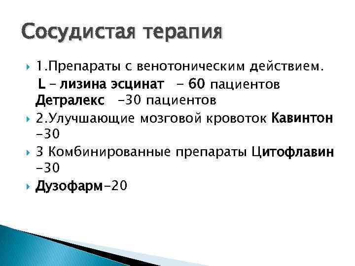 Сосудистая терапия 1. Препараты с венотоническим действием. L – лизина эсцинат - 60 пациентов