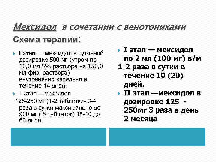 Мексидол в сочетании с венотониками Схема терапии: I этап — мексидол в суточной дозировке