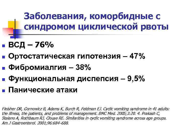 Заболевания, коморбидные с синдромом циклической рвоты n n n ВСД – 76% Ортостатическая гипотензия