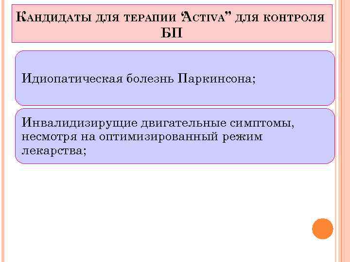 КАНДИДАТЫ ДЛЯ ТЕРАПИИ ‘’ CTIVA’’ ДЛЯ КОНТРОЛЯ A БП Идиопатическая болезнь Паркинсона; Инвалидизирущие двигательные