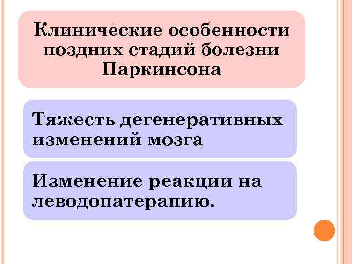 Клинические особенности поздних стадий болезни Паркинсона Тяжесть дегенеративных изменений мозга Изменение реакции на леводопатерапию.