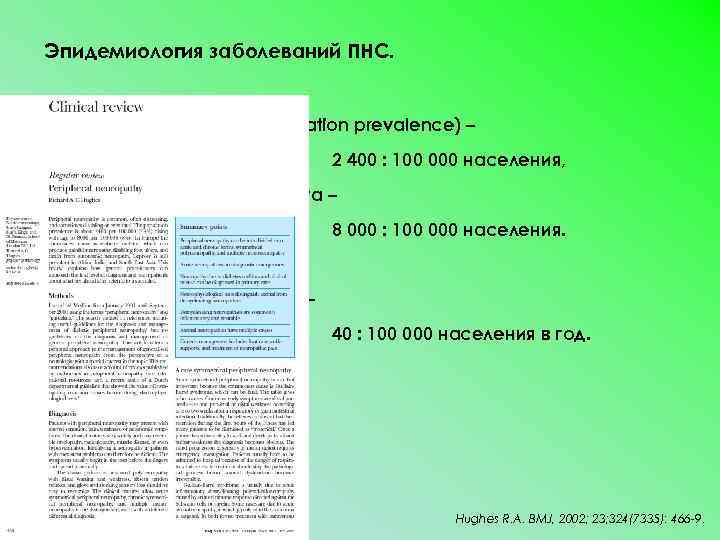 Эпидемиология заболеваний ПНС. Распространенность (population prevalence) – 2 400 : 100 000 населения, среди