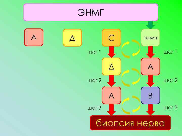 ЭНМГ А Д С норма шаг 1 Д А шаг 2 А шаг 3