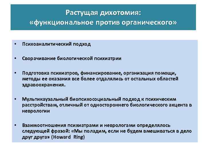 Растущая дихотомия: «функциональное против органического» • Психоаналитический подход • Сворачивание биологической психиатрии • Подготовка