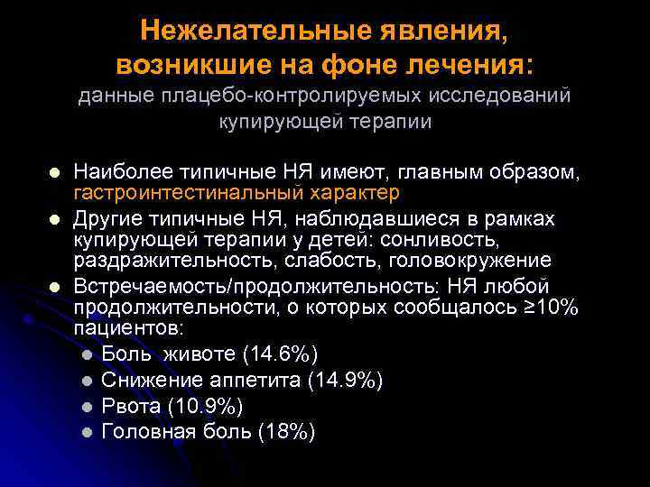 Нежелательные явления, возникшие на фоне лечения: данные плацебо-контролируемых исследований купирующей терапии l l l