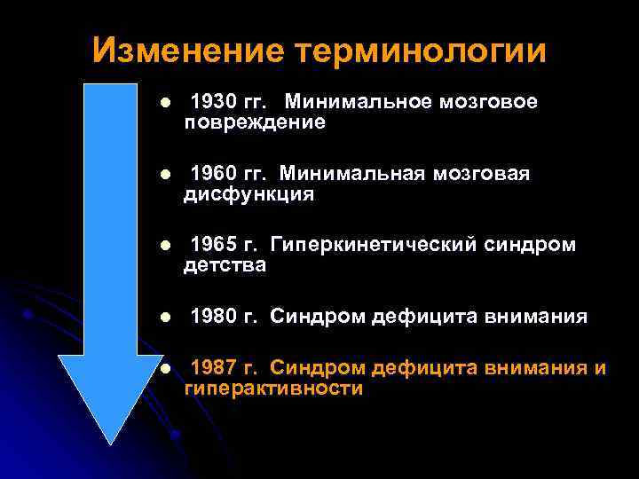 Изменение терминологии l 1930 гг. Минимальное мозговое повреждение l 1960 гг. Минимальная мозговая дисфункция