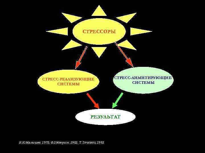 СТРЕССОРЫ СТРЕСС-РЕАЛИЗУЮЩИЕ СИСТЕМЫ СТРЕСС-ЛИМИТИРУЮЩИЕ СИСТЕМЫ РЕЗУЛЬТАТ И. Ю. Малышев, 1978, Ф. З. Меерсон, 1985,