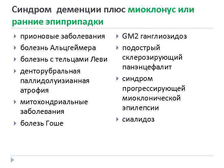Синдром деменции плюс миоклонус или ранние эпиприпадки прионовые заболевания болезнь Альцгеймера болезнь с тельцами
