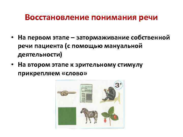 Восстановление понимания речи • На первом этапе – затормаживание собственной речи пациента (с помощью