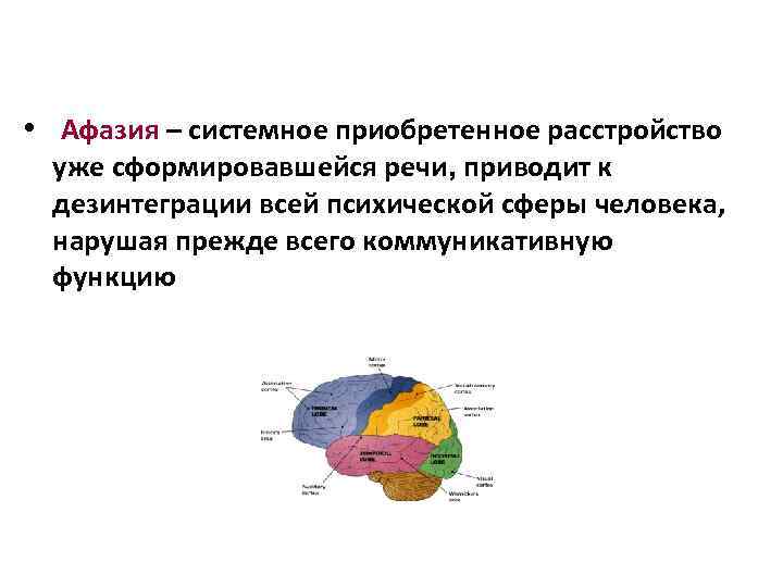  • Афазия – системное приобретенное расстройство уже сформировавшейся речи, приводит к дезинтеграции всей