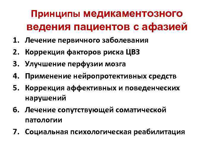 Принципы медикаментозного ведения пациентов с афазией 1. 2. 3. 4. 5. Лечение первичного заболевания