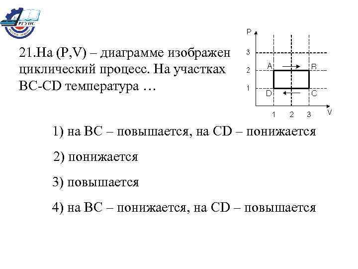 21. На (Р, V) – диаграмме изображен циклический процесс. На участках ВС-СD температура …