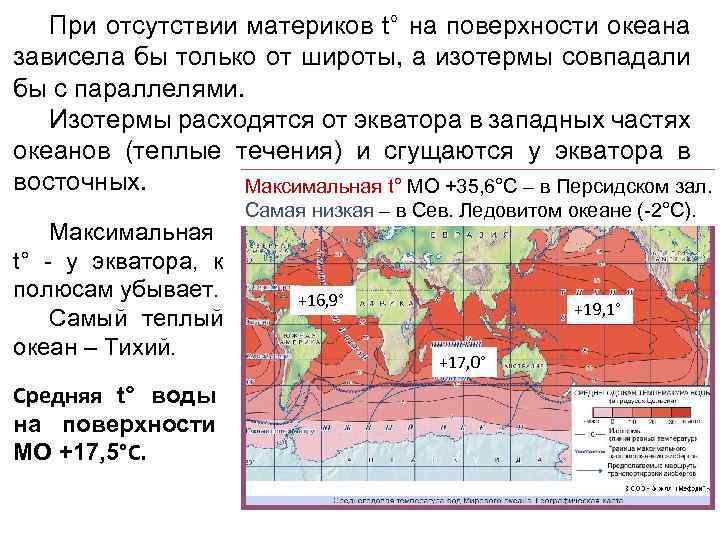 При отсутствии материков t° на поверхности океана зависела бы только от широты, а изотермы