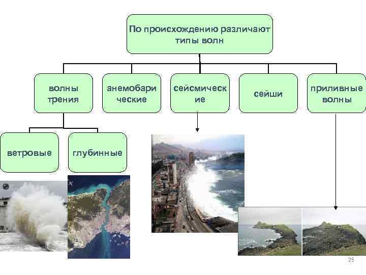 По происхождению различают типы волны трения ветровые анемобари ческие сейсмическ ие сейши приливные волны