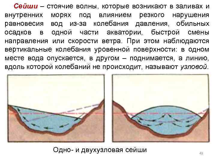 Сейши – стоячие волны, которые возникают в заливах и внутренних морях под влиянием резкого