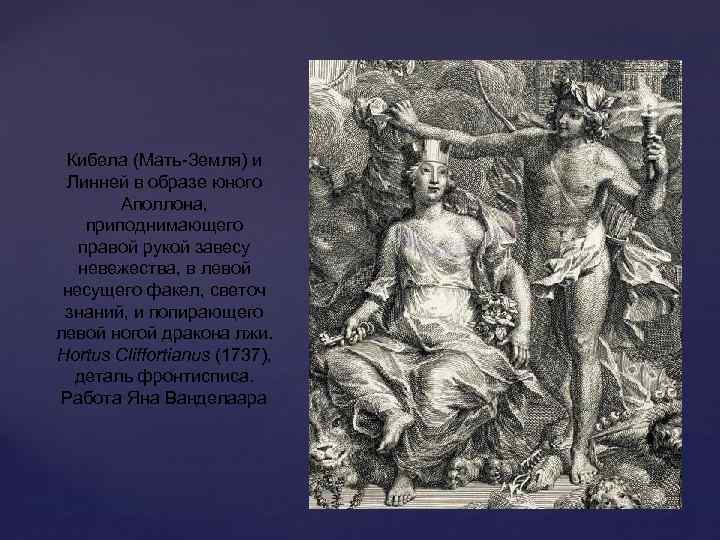 Кибела (Мать-Земля) и Линней в образе юного Аполлона, приподнимающего правой рукой завесу невежества, в