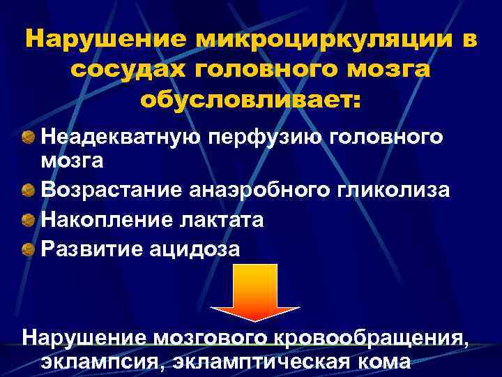 Нарушение микроциркуляции в сосудах головного мозга обусловливает: Неадекватную перфузию головного мозга Возрастание анаэробного гликолиза