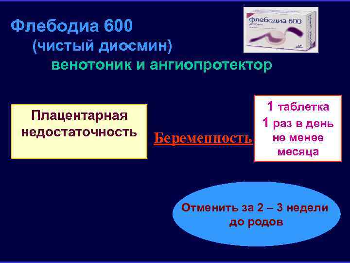 Флебодиа 600 (чистый диосмин) венотоник и ангиопротектор Плацентарная недостаточность Беременность 1 таблетка 1 раз