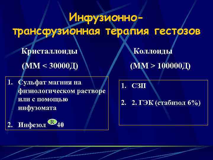 Инфузионнотрансфузионная терапия гестозов Кристаллоиды (ММ < 30000 Д) 1. Сульфат магния на физиологическом растворе