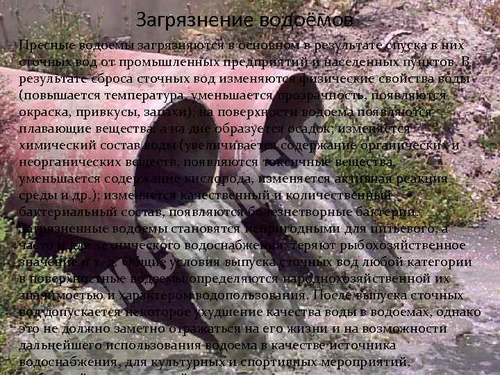 Загрязнение водоёмов Пресные водоемы загрязняются в основном в результате спуска в них сточных вод