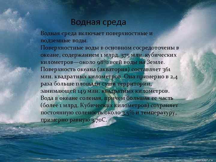Водная среда включает поверхностные и подземные воды. Поверхностные воды в основном сосредоточены в океане,