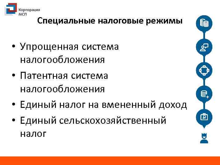 Специальные налоговые режимы • Упрощенная система налогообложения • Патентная система налогообложения • Единый налог