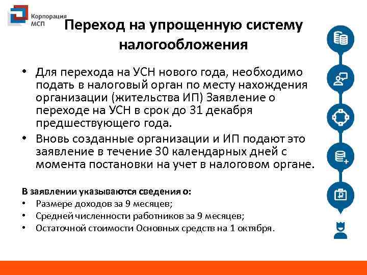 Переход на упрощенную систему налогообложения • Для перехода на УСН нового года, необходимо подать